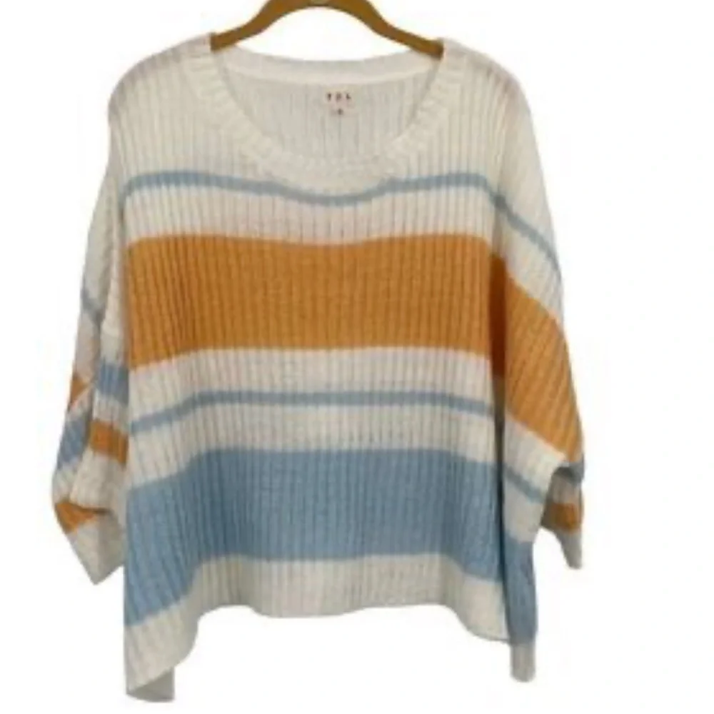 Anthro’s POL Sweaters Cable Knit Color Block,Sky Blue,Tangerine, Excellent Cond.